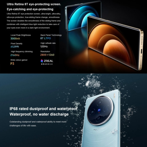 vivo X100, 16 Go + 512 Go, identification faciale/identification par empreinte digitale, 6,78 pouces Android 14 OriginOS 4 Dimensity 9300 Octa Core 3,25 GHz, OTG, NFC, réseau : 5G (bleu) SV303D540-013