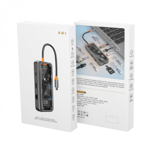 SW8V 8 en 1 Type-C vers 2xUSB-C+USB3.0+USB2.0+HDMI+RJ45+1xSD/TF HUB Station d'accueil (gris) SH001A1966-011