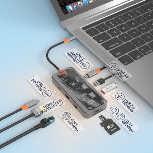 SW8V 8 en 1 Type-C vers 2xUSB-C+USB3.0+USB2.0+HDMI+RJ45+1xSD/TF HUB Station d'accueil (gris) SH001A1966-011