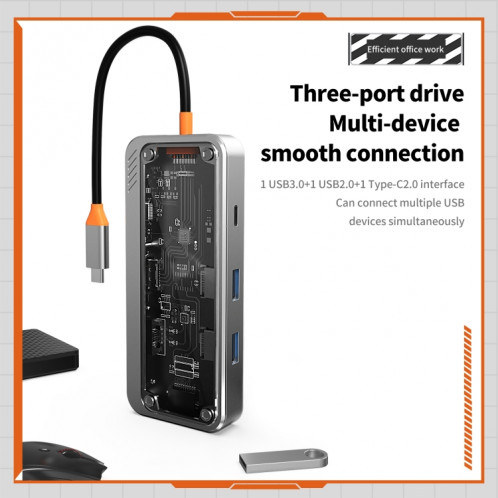 SW8V 8 en 1 Type-C vers 2xUSB-C+USB3.0+USB2.0+HDMI+RJ45+1xSD/TF HUB Station d'accueil (gris) SH001A1966-011