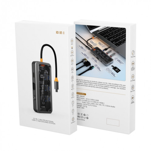 SW10V 10 en 1 Type-C vers PD + USB3.0 + 2xUSB2.0 + HDMI + VGA + RJ45 + 1xSD/TF + Station d'accueil HUB Audio 3.5 (gris) SH201A529-012