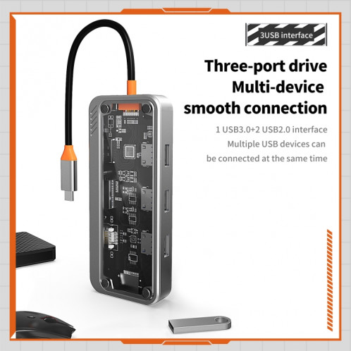SW10V 10 en 1 Type-C vers PD + USB3.0 + 2xUSB2.0 + HDMI + VGA + RJ45 + 1xSD/TF + Station d'accueil HUB Audio 3.5 (gris) SH201A529-012