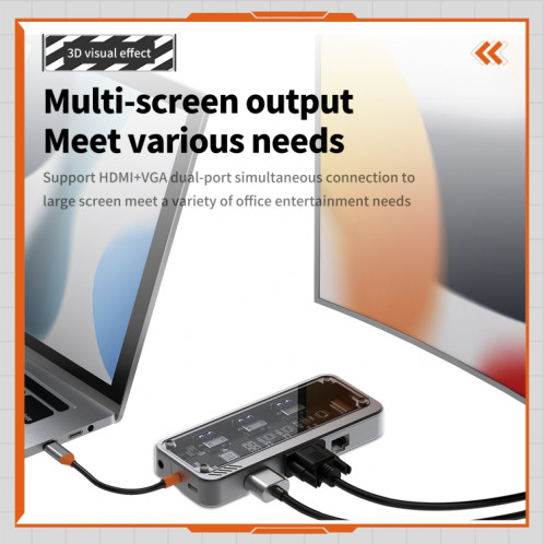 SW10V 10 en 1 Type-C vers PD + USB3.0 + 2xUSB2.0 + HDMI + VGA + RJ45 + 1xSD/TF + Station d'accueil HUB Audio 3.5 (gris) SH201A529-012