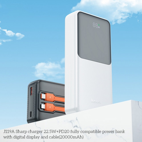 Hoco J119A Banque d'alimentation à charge rapide 22,5 W PD20 20 000 mAh avec affichage numérique et câble (blanc) SH601B1604-06