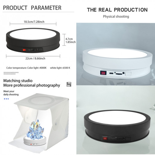 Plateau tournant électrique de présentoir rotatif de lumière LED colorée de 22 cm, style: prise d'alimentation (blanc) SH101A360-06