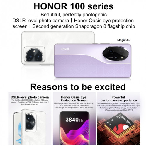 Honor 100, 12 Go + 256 Go, identification par empreinte digitale à l'écran, 6,7 pouces MagicOS 7.2 Snapdragon 7 Gen 3 Octa Core jusqu'à 2,63 GHz, réseau : 5G, NFC, OTG, ne prend pas en charge Google Play (violet) SH201C1730-013