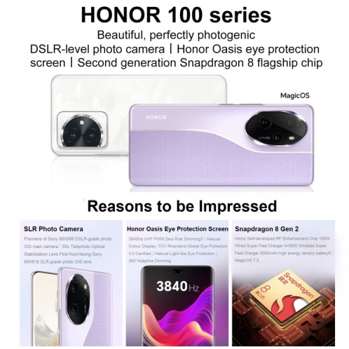 Honor 100 Pro, 16 Go + 1 To, identification par empreinte digitale à l'écran, 6,78 pouces MagicOS 7.2 Snapdragon 8 Gen 2 Octa Core jusqu'à 3,19 GHz, réseau : 5G, NFC, OTG, ne prend pas en charge Google Play (blanc) SH004D740-014