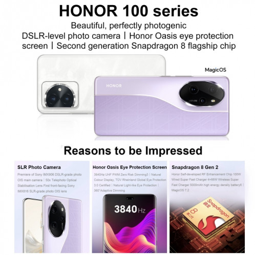 Honor 100 Pro, 16 Go + 512 Go, identification par empreinte digitale à l'écran, 6,78 pouces MagicOS 7.2 Snapdragon 8 Gen 2 Octa Core jusqu'à 3,19 GHz, réseau : 5G, NFC, OTG, ne prend pas en charge Google Play SH003C84-014