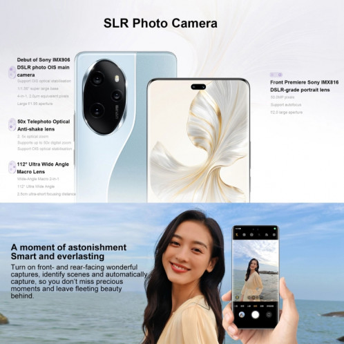 Honor 100 Pro, 12 Go + 256 Go, identification par empreinte digitale à l'écran, 6,78 pouces MagicOS 7.2 Snapdragon 8 Gen 2 Octa Core jusqu'à 3,19 GHz, réseau : 5G, NFC, OTG, ne prend pas en charge Google Play SH001C552-014