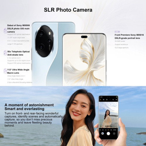 Honor 100 Pro, 16 Go + 1 To, identification par empreinte digitale à l'écran, 6,78 pouces MagicOS 7.2 Snapdragon 8 Gen 2 Octa Core jusqu'à 3,19 GHz, réseau : 5G, NFC, OTG, ne prend pas en charge Google Play (blanc) SH004D740-014