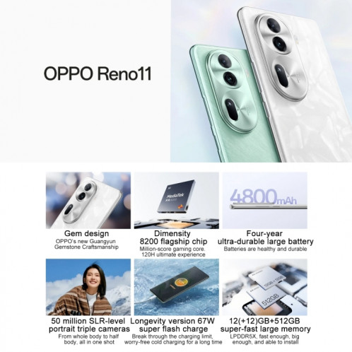 OPPO Reno11, 12 Go + 256 Go, empreinte digitale d'écran, 6,7 pouces ColorOS 14 Dimensity 8200 Octa Core jusqu'à 3,1 GHz, NFC, OTG, réseau : 5G (vert) SO502B530-013
