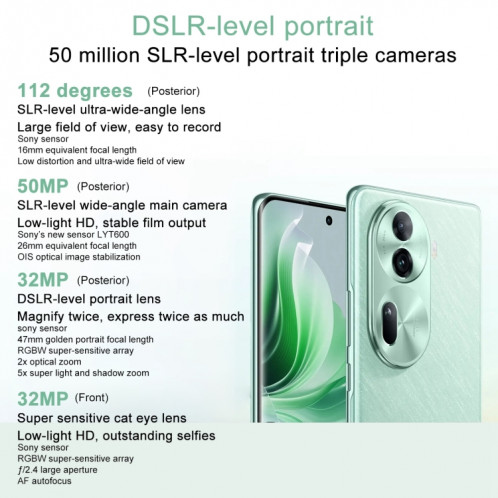 OPPO Reno11, 12 Go + 256 Go, empreinte digitale d'écran, 6,7 pouces ColorOS 14 Dimensity 8200 Octa Core jusqu'à 3,1 GHz, NFC, OTG, réseau : 5G (vert) SO502B530-013