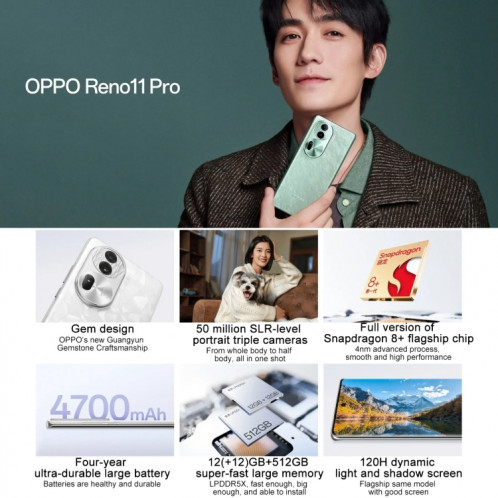 OPPO Reno11 Pro, 12 Go + 512 Go, empreinte digitale d'écran, 6,74 pouces ColorOS 14 Qualcomm Snapdragon 8+ Gen 1 Octa Core jusqu'à 3,2 GHz, NFC, OTG, réseau : 5G (noir) SO002A860-013