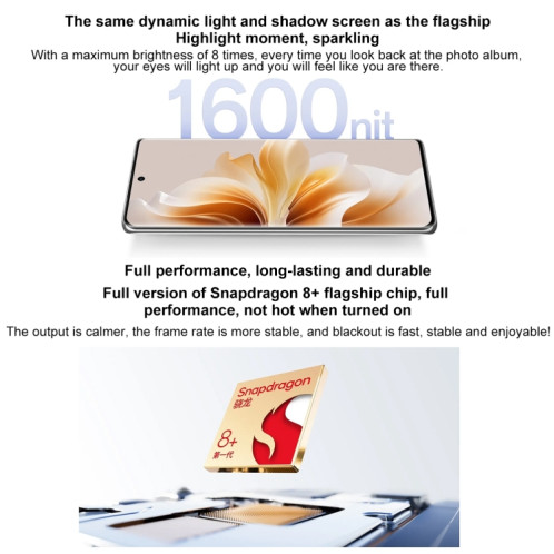 OPPO Reno11 Pro, 12 Go + 256 Go, empreinte digitale d'écran, 6,74 pouces ColorOS 14 Qualcomm Snapdragon 8+ Gen 1 Octa Core jusqu'à 3,2 GHz, NFC, OTG, réseau : 5G (argent) SO001C534-013