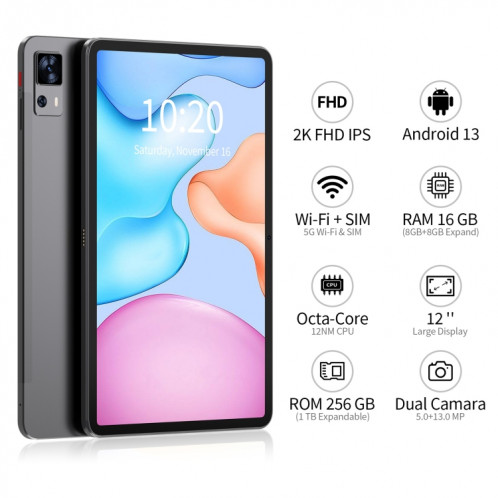 Tablette VASOUN M70 4G LTE, 16 Go + 256 Go, 12 pouces, processeur Android 13 UNISOC T616 Octa Core, version mondiale avec Google Play, prise américaine (gris) SV601A820-06
