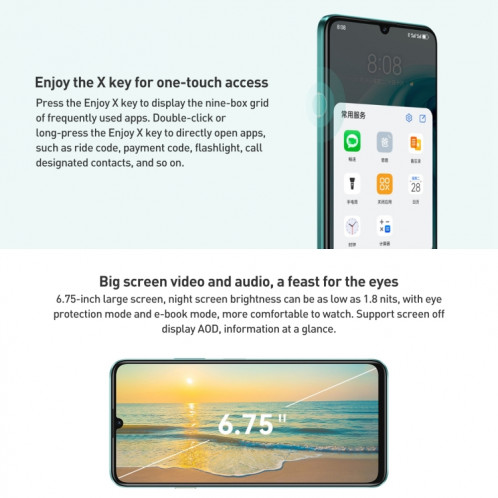 HUAWEI Enjoy 70, 8 Go + 256 Go, identification par empreinte digitale latérale, 6,75 pouces HarmonyOS 4.0 Kirin 710A Octa Core 2,0 GHz, réseau: 4G, OTG, ne prend pas en charge Google Play (noir) SH402C430-07