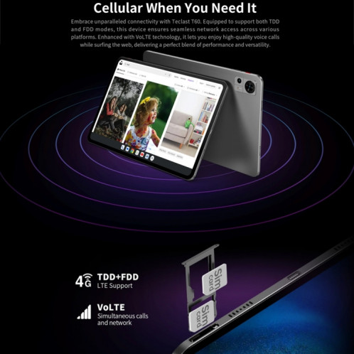 Teclast T60 4G LTE tablette PC 12 pouces, 16 Go + 256 Go, Android 13 Unisoc T616 Octa Core, prise en charge double SIM ST5801211-027