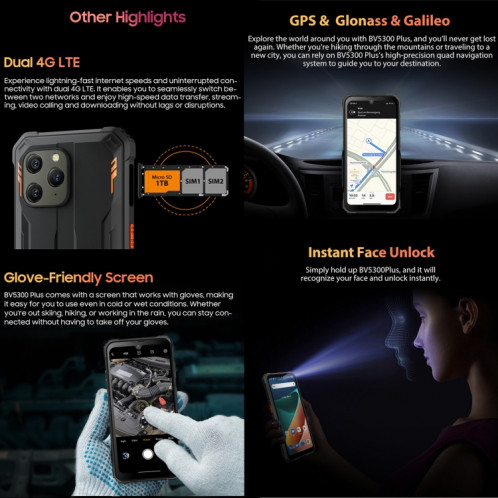  Blackview BV5300 Plus, 8 Go + 128 Go, IP68/IP69K/MIL-STD-810H, 6,1 pouces Android 13 MediaTek Helio G72 Octa Core, réseau : 4G, OTG (noir) SB401A689-018