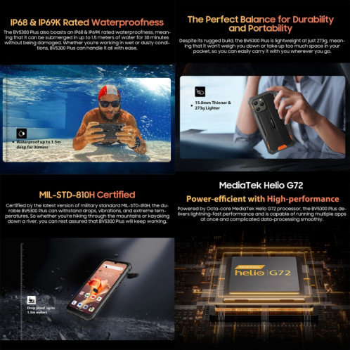  Blackview BV5300 Plus, 8 Go + 128 Go, IP68/IP69K/MIL-STD-810H, 6,1 pouces Android 13 MediaTek Helio G72 Octa Core, réseau : 4G, OTG (noir) SB401A689-018