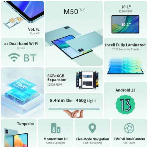 Teclast M50 4G LTE tablette 10,1 pouces, 12 Go + 128 Go, Android 13 Unisoc T606 Octa Core, prise en charge double SIM ST65011432-022