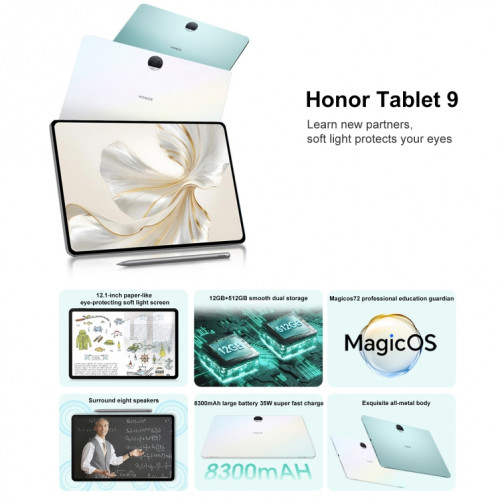 Honor Tablet 9 12,1 pouces WiFi, standard 8 Go + 256 Go, MagicOS 7.2 Snapdragon 6 Gen1 Octa Core 2,2 GHz (blanc) SH301B12-014