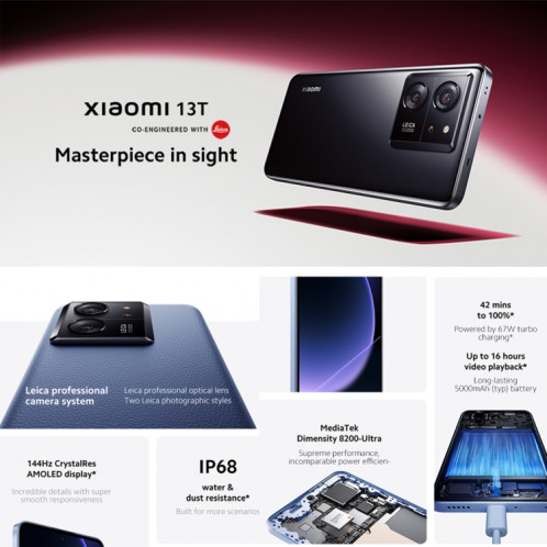  Xiaomi 13T Global, 12 Go + 256 Go, 6,67 pouces MIUI 14 MediaTek Dimensity 8200-Ultra Octa Core 3,1 GHz, NFC, réseau : 5G, objectif Leica (noir) SX401A1875-07