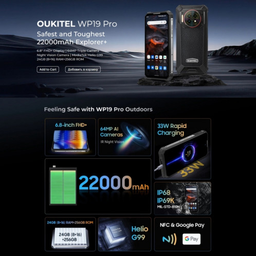  Oukitel WP19 Pro, 8 Go + 256 Go, 6,8 pouces MediaTek Helio G99 Octa-core, NFC, réseau : 4G (noir) SO001A352-015