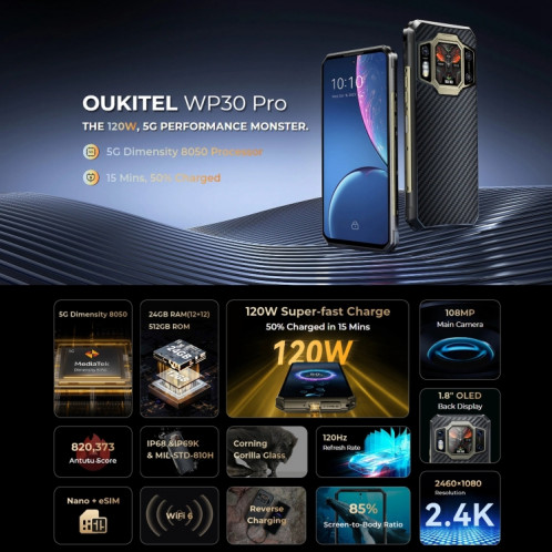  Oukitel WP30 Pro 5G, 12 Go + 512 Go, IP68/IP69K, appareil photo 108 MP, 11 000 mAh, 6,78 pouces + 1,8 pouces MediaTek Dimensity 8050 Octa-core 3,0 GHz, NFC, OTG, réseau : 5G (noir) SO701A704-018