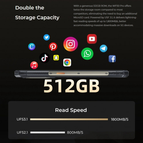  Oukitel WP30 Pro 5G, 12 Go + 512 Go, IP68/IP69K, appareil photo 108 MP, 11 000 mAh, 6,78 pouces + 1,8 pouces MediaTek Dimensity 8050 Octa-core 3,0 GHz, NFC, OTG, réseau : 5G (noir) SO701A704-018