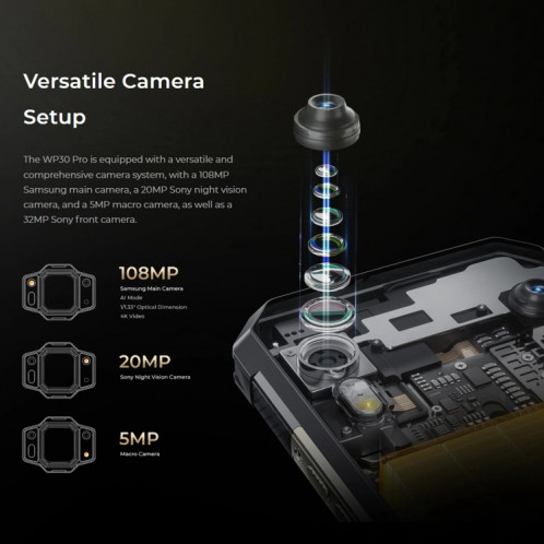  Oukitel WP30 Pro 5G, 12 Go + 512 Go, IP68/IP69K, appareil photo 108 MP, 11 000 mAh, 6,78 pouces + 1,8 pouces MediaTek Dimensity 8050 Octa-core 3,0 GHz, NFC, OTG, réseau : 5G (noir) SO701A704-018