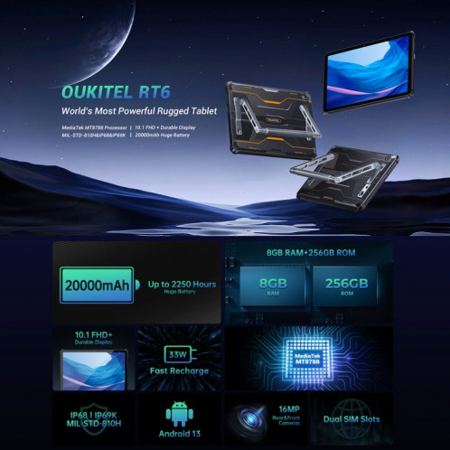  Tablette robuste OUKITEL RT6 4G réseau IP68/IP69K, 8 Go + 256 Go, 10,1 pouces Android 13 MediaTek MT8788 Octa Core prise en charge double SIM, (noir) SO001B521-014