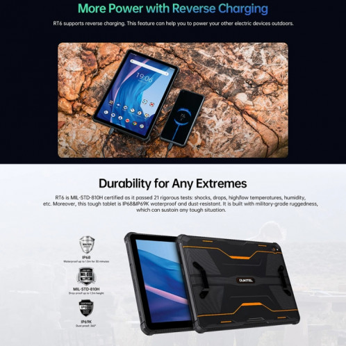  Tablette robuste OUKITEL RT6 4G réseau IP68/IP69K, 8 Go + 256 Go, 10,1 pouces Android 13 MediaTek MT8788 Octa Core prise en charge double SIM, (orange) SO001A599-014