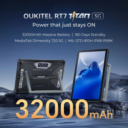  Tablette robuste OUKITEL RT7 TITAN 5G réseau IP68/IP69K, 12 Go + 256 Go, 10,1 pouces Android 13 MediaTek Dimensity 720 Octa Core, prise en charge double SIM, prise UE (bleu) SO301B1295-018