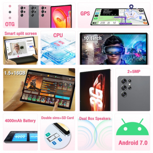Tab Ultra Tablette PC d'appel téléphonique 3G 10,1 pouces, 1,5 Go + 16 Go, processeur Quad Core Android 7 MTK6735, double SIM (gris) SH201B127-018