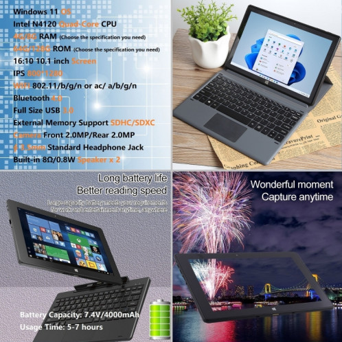 HONGSAMDE Tablette PC 2 en 1 de 10,1 pouces, 8 Go + 128 Go, Windows 11, Interl Gemini Lake N4120 Quad Core avec clavier (noir) SH902A638-07