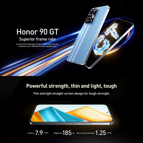 Honor 90 GT, 12 Go + 256 Go, 6,7 pouces Magic OS 7.2 Snapdragon 8 Gen 2 Octa Core jusqu'à 2,84 GHz, réseau : 5G, OTG, NFC, prise en charge de Google Play (bleu) SH101A1140-09