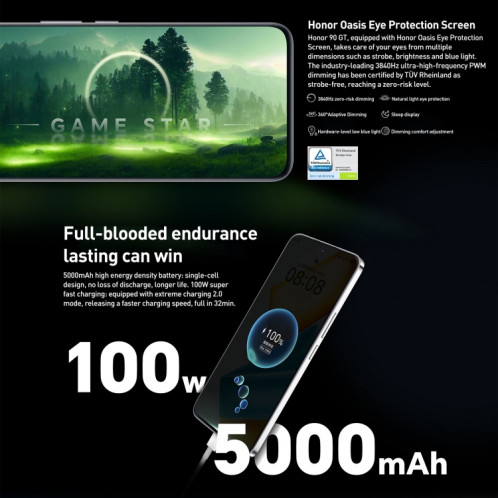 Honor 90 GT, 12 Go + 256 Go, 6,7 pouces Magic OS 7.2 Snapdragon 8 Gen 2 Octa Core jusqu'à 2,84 GHz, réseau : 5G, OTG, NFC, prise en charge de Google Play (bleu) SH101A1140-09
