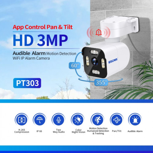 ESCAM PT303 3MP HD détection de mouvement APP contrôle caméra IP WiFi panoramique et inclinable (prise ue) SE301A475-013