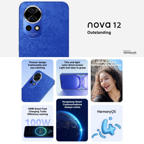 Huawei nova 12, 8 Go + 512 Go, identification par empreinte digitale à l'écran, HarmonyOS 4.0 Octa Core de 6,7 pouces, réseau: 4G, NFC, OTG, ne prend pas en charge Google Play (blanc) SH602A393-08