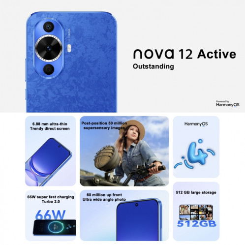 Huawei nova 12 Active, 8 Go + 512 Go, identification par empreinte digitale à l'écran, 6,7 pouces HarmonyOS 4.0 Qualcomm Snapdragon 778G 4G Octa Core, réseau : 4G, NFC, OTG, ne prend pas en charge Google Play (bleu) SH202C955-010