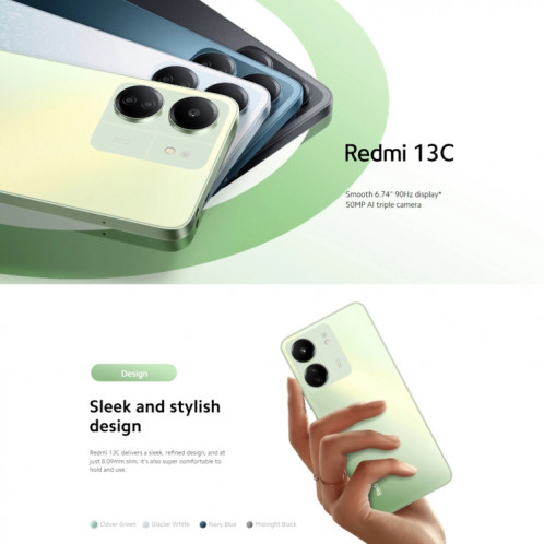Xiaomi Redmi 13C 5G, 8 Go + 256 Go, 6,74 pouces MIUI 14 MediaTek Dimensity 6100+ Octa Core 2,2 GHz, NFC, réseau : 5G (Startrail Silver) SX003B573-012