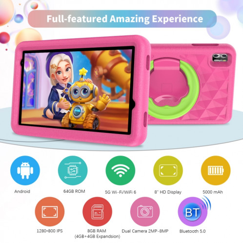 Pritom B8K WiFi Kid Tablette 8 pouces, 4 Go + 64 Go, Android 13 Allwinner A523 Octa Core CPU Prise en charge du contrôle parental Google Play (Rose) SP501A1747-08