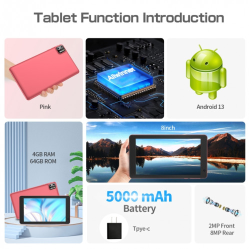Pritom B8 WiFi Tablette PC 8 pouces, 4 Go + 64 Go, Android 13 Allwinner A523 Octa Core CPU Support Google Play (Rose) SP801A832-08