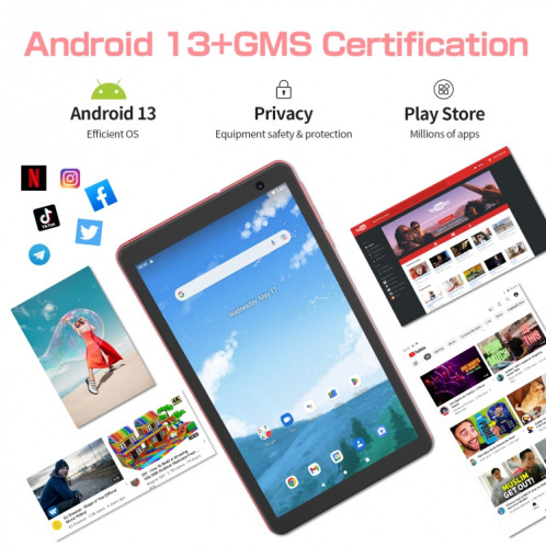 Pritom B8 WiFi Tablette PC 8 pouces, 4 Go + 64 Go, Android 13 Allwinner A523 Octa Core CPU Support Google Play (Rose) SP801A832-08