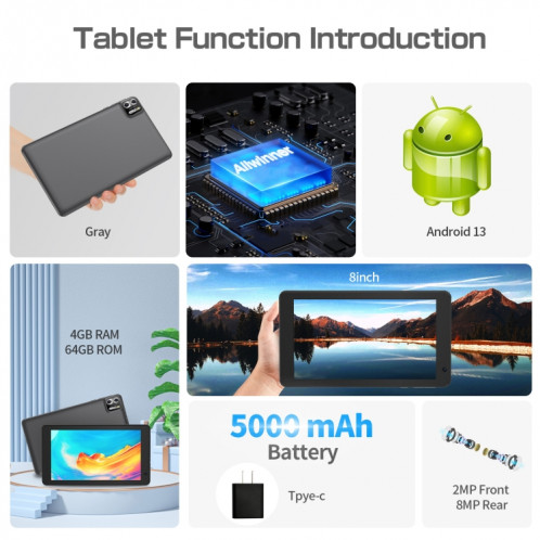 Pritom B8 WiFi Tablette PC 8 pouces, 4 Go + 64 Go, Android 13 Allwinner A523 Octa Core CPU Support Google Play (Gris) SP801B1309-08