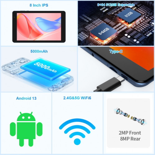 Tablette PC WiFi Pritom B8 8 pouces, 4 Go + 64 Go, Android 13 Allwinner A523 Octa Core CPU Support Google Play (Bleu) SP801C1669-08