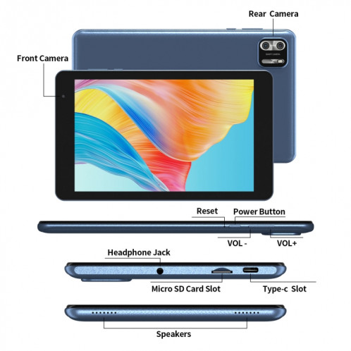Tablette PC WiFi Pritom B8 8 pouces, 4 Go + 64 Go, Android 13 Allwinner A523 Octa Core CPU Support Google Play (Bleu) SP801C1669-08