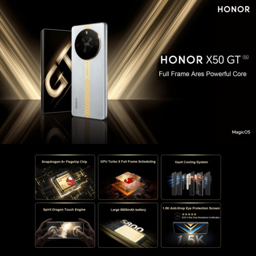 Honor X50 GT, 16 Go + 256 Go, appareil photo 1080 MP, 6,78 pouces Magic OS 7.2 Snapdragon 8+ Gen 1 Octa Core jusqu'à 3,0 GHz, réseau : 5G, OTG, NFC, prise en charge Google Play (noir) SH202A1029-010
