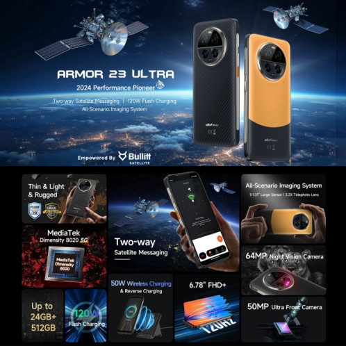  Téléphone ultra robuste Ulefone Armor 23, 12 Go + 512 Go, 6,78 pouces Android 13 MediaTek Dimensity 8020 Octa Core jusqu'à 2,6 GHz, réseau : 5G, NFC, OTG, messagerie satellite (Elite Black) SU601A1550-023