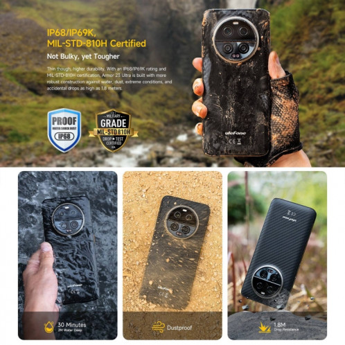  Téléphone ultra robuste Ulefone Armor 23, 12 Go + 512 Go, 6,78 pouces Android 13 MediaTek Dimensity 8020 Octa Core jusqu'à 2,6 GHz, réseau : 5G, NFC, OTG, messagerie satellite (Elite Black) SU601A1550-023